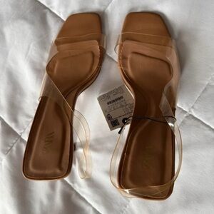 Zara Brown Heeled Sandals with Clear Straps